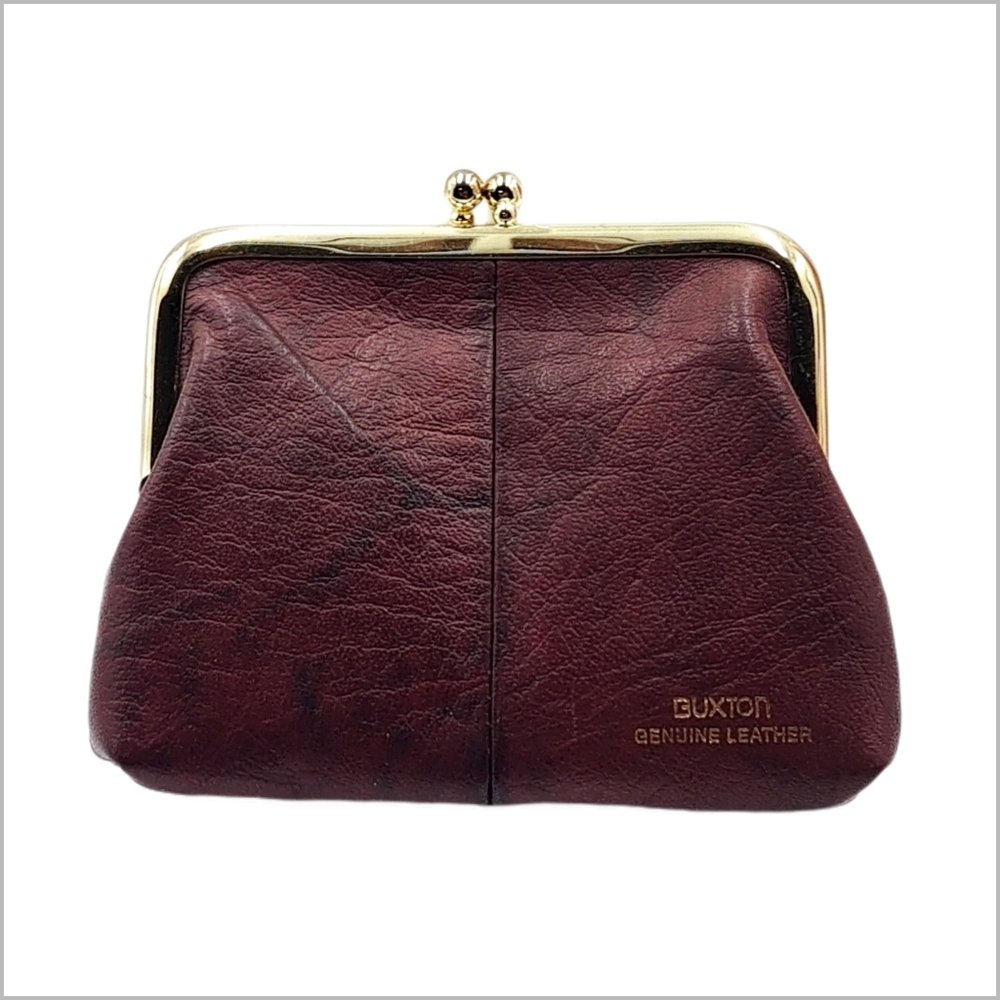 Buxton ~ Genuine Leather Black and Plum Kiss-Lip Closure Coin Bag. 4" x 3.5" - Picture 2 of 4
